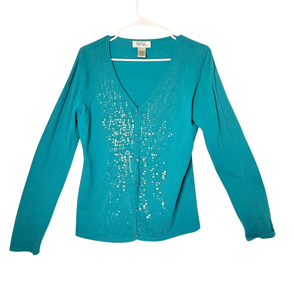 Bob Mackie Studio Cardigan Womens M Teal Sequin Beaded V Neck Party Glam SM266
